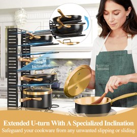 ROTHLEY Stainless Steel Pots And Pans Organizer Under Cabinet: 23.6 Inch Height Heavy Duty 8 Tier Pan Organizers With 3 DIY Assembly Adjustable Pot Organizer with Tilted Scratch-Proof Dividers