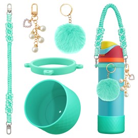 yoelike Silicone Boot Accessories for Owala Water Bottle 24 OZ, Anti-Slip Protective Sleeve Handle Strap Plush Ball Key Chain for FreeSip, Twist, and Flip Stainless Steel Water Bottles(Cyan)