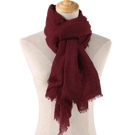 HeiDmai Unisex Cotton Blend Crinkle Vintage Soft Scarf with Fringed Edges 35" × 70" (Burgundy Red)