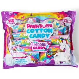 PartyPuffs™ Cotton Candy Variety Pack with Unicorn Treats – 12 Individually Wrapped .5oz Pouches, Strawberry & Blue Raspberry – Perfect for Parties, Birthdays & Favors