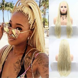 Angle Lucky Blonde Micro Braided Wigs Knotless Cornrow Braids Synthetic Lace Front Braided Wig #613 Blonde Natural Color Box Braided Wig Heat Resistant Fiber Hand Braids for Women 26’’ (26, #613 Blonde)
