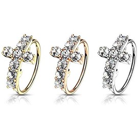 BODY MIND 20G CZ Paved Cross Top 316L Surgical Steel Bendable Nose Hoop Rings (Gold)