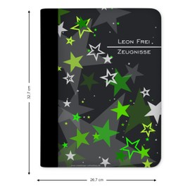 CreaDesign, Children's Certificate Folder with Name, Certificate Folder Stars Green with 10 Transparent Pockets, A4, 26.7 x 32.7 x 1 cm, Black Spine