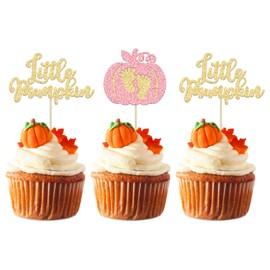 24 piezas de decoración para cupcakes de calabaza, con purpurina rosa, para magdalenas, calabaza, baby shower, decoración de otoño, cosecha, baby shower, suministros de fiesta de cumpleaños para niños