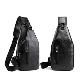 D.LerBung Men's Sling Bag Leather Chest Shoulder Backpack Water Resistant Anti Theft Crossbody Bag with USB Charge Port, Black, One Size