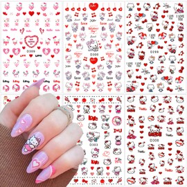 6 Sheets Valentine's Day Heart Cute Nail Art Stickers Cute Cartoon Nail Decals 3D Self Adhesive Red Love Heart Design Nail Stickers Cute Heart Cartoon Nail Charms for Women Acrylic Nail Art Decoration