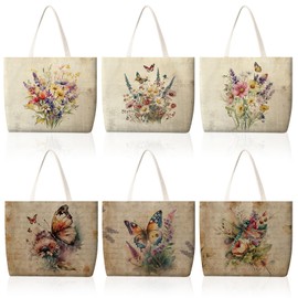 Bencailor 6 Pcs Summer Floral Book Lovers Canvas Tote Bags Bulk Reusable Wildflowers Tote Bags for Women Vacation Shopping(Classic Color,Butterfly and Dragonfly)