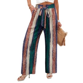 Angerella Womens Smocked Elastic Waisted Palazzo Pants Casual Wide Leg Adjustable Knot Long Lounge Pant Trousers with Pocket ColorStripe M