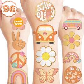 96PCS One Two Groovy 60s 70s Temporary Tattoos Birthday Theme Party Supplies Decorations Favors Decor Cute Retro Boho Hippie Rainbow Bus Tattoo Stickers Gifts for Kids Boys Girls Class Prizes Carnival