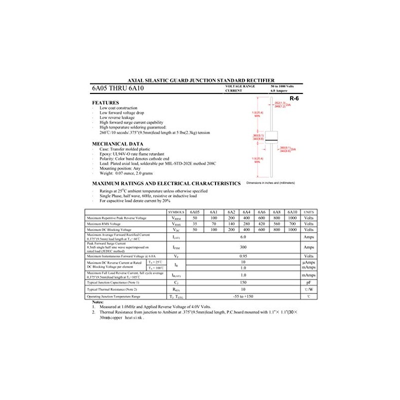 HUABAN 20PCS 6A10 Rectifier Diodes 6A 1000V R-6 Axial 6