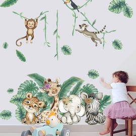 SMAOSTORE Forest Animals Elephant Monkey Vine Banana Leaf Sticker Stylish Tropical Plants Jungle Animals Kids Room Bedroom Kindergarten Classroom Background Wall Waterproof Removable Wall Paper