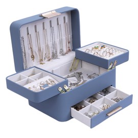 KAMIER Jewelry Organizer for Women Girls - Earring Holder Organizer Box with Drawers - 3 Layer Jewelry Storage Box for Valentine's Day, Birthday, Mother's Day, Christmas Gift, Bluish Grey