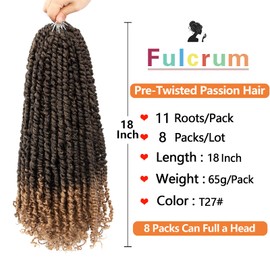 Fulcrum Passion Twist Crochet Hair 18 Inch, 8 Packs Pre Looped Passion Twist Hair, Pre-Twisted Passion Twist Crochet Hair For Black Women (18Inch (Pack of 8), T27#)