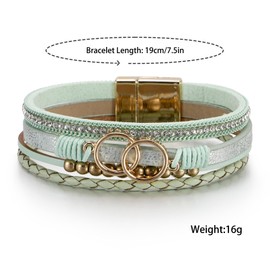 LSxAB Green Multi-Layer Leather Wrap Bracelet for Women Gold Tone Colorful Bohemian Braided Wristbands Bracelets