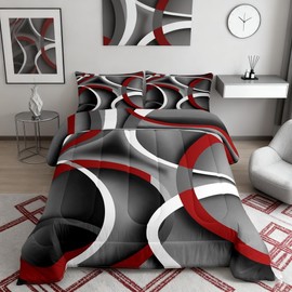Stripes Comforter Set Queen Kids Teens Gray Black Red Swirls Room Decor Abstract Stripes Circle Bedding Set,Soft Lightweight Modern Simple Style Duvet,Youth Young Man Quilt,1 Comforter + 2 Pillowcase