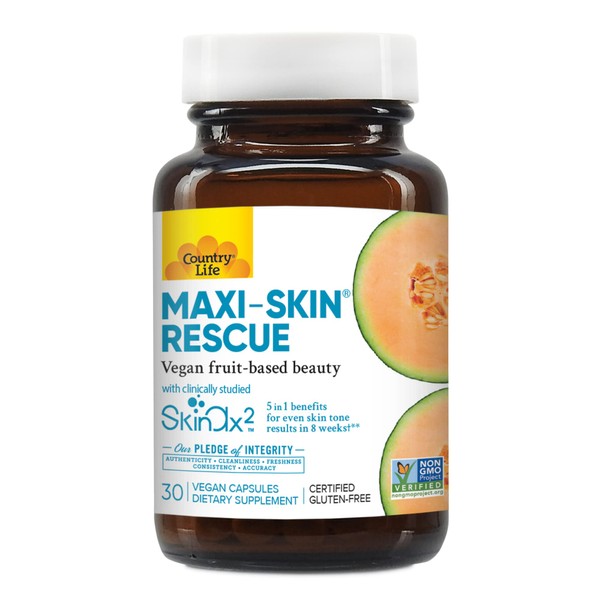 Country Life Maxi-Skin Rescue, Vegan Fruit-Based Beauty, 30 Vegan Capsules, Certified Gluten Free, Certified Vegan, Certified Non-GMO Verified