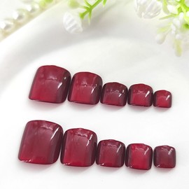 Square Press on Toenails Short Burgundy Fake Toe Nail Summer Toe Nails Press ons Glossy Toenails Gule on Burgundy Full Cover Press on Toe Nail for Women 24Pcs