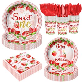 YuBnYnSn 168Pcs Strawberry 1st Birthday Decorations for Girls Sweet One Birthday Party Supplies Strawberry First Themed Party Decorations Tableware Set Plates and Napkins Serves 24