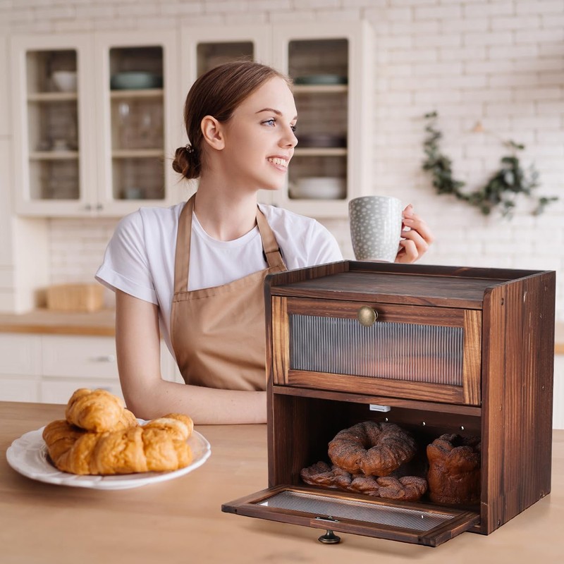 Cabilock Wooden Bread Box for Kitchen Storage - Double Layer