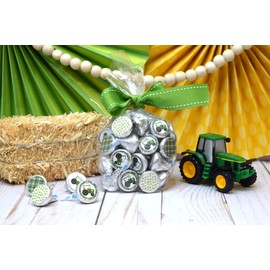 Green & Yellow Tractor Birthday Kiss Sticker Labels for Kids, 300 Party Circle Sticker sized 0.75” for Chocolate Drop Kisses by AmandaCreation, Great for Party Favors, Treats, Envelope Seals & Goodie