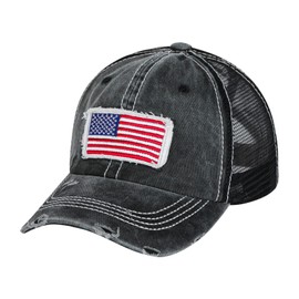 haozaikeji Distressed Baseball Cap for Women Half Mesh USA Flag Embroidery Cotton Summer Sun Hat with Ponytail Hole Vintage Casual Trucker Cap Adjustable Washed Denim Long Peak Sports Hat for Outdoor