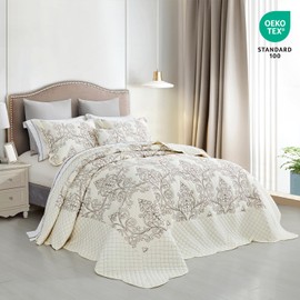 CHIXIN Bedspread Coverlet Set Queen Size - Lightweight Bedding Cover - Beautiful Stitching - 4 Piece Reversible Bedspread - Luxury Damask Paisley Pattern (Queen, Ivory)