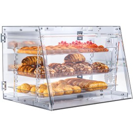 Commercial Countertop Bakery Display Case- Thickened Large Pastry Display Case with Bread Tong - 3 Tray Adjustable Bread Box for Bread,Cake and Cookie, 22.2" x 17.7" x 16"