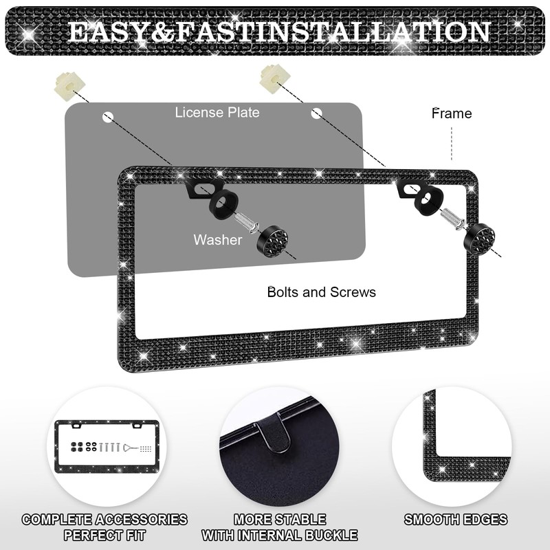 2 Pack Bling License Plate Frames for Women,Sparkly Rhinestone Diamond