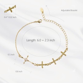 Hmofalate Sideways Cross Bracelet for Women, 14K Yellow Gold Plated, Cross embedded 5A White Cubic Zirconia(CZ), Adjustable Link Chain, Catholic Religious Christian Jesus Bracelet Gift for Women