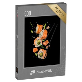 puzzleYOU: 500 Piece Jigsaw Puzzle "Sushi Rollers Between Sticks, Black Background, Very High Resolution"