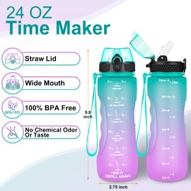 AIDEAMART 24 OZ Motivational Kids Water Bottle With Time Marker,Straw Lid&Chug Lid, Leak Proof, Tritan BPA Free Sports Water Bottle Green-Purple(2 Lid)