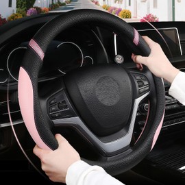Cxtiy Pickup Truck Steering Wheel Cover – Sproty Fahsion Premium Leather Universal Non-Slip Steering Wheel Grip Set for Women Gril 15.5-16 Inch (Pink)