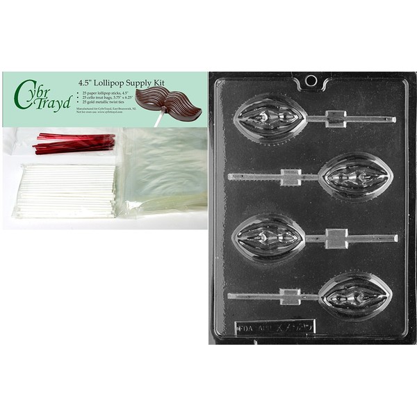 Cybrtrayd 45StK25R-XX525 Lady Lolly Adult Chocolate Candy Mold with Lollipop Supply Bundle, Includes 25 Lollipop Sticks, 25 Cello Bags and 25 Red Twist Ties