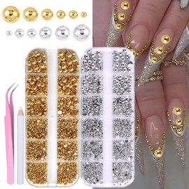 JFIYUOMCI 24 Grids/2 Boxes Flat-Back Nail Pearls - (Silver & Gold) 3D Nail Charms and Gems Rhinestones, Metal Beads for Nails, Nail Art Supplies for DIY Acrylic Nails Face Makeup and Crafting