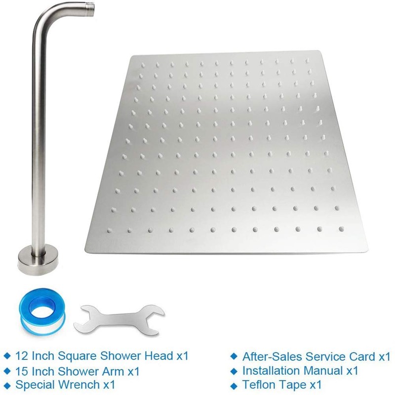 NearMoon Square Rain Shower Head With Extension Arm, Large Stainless