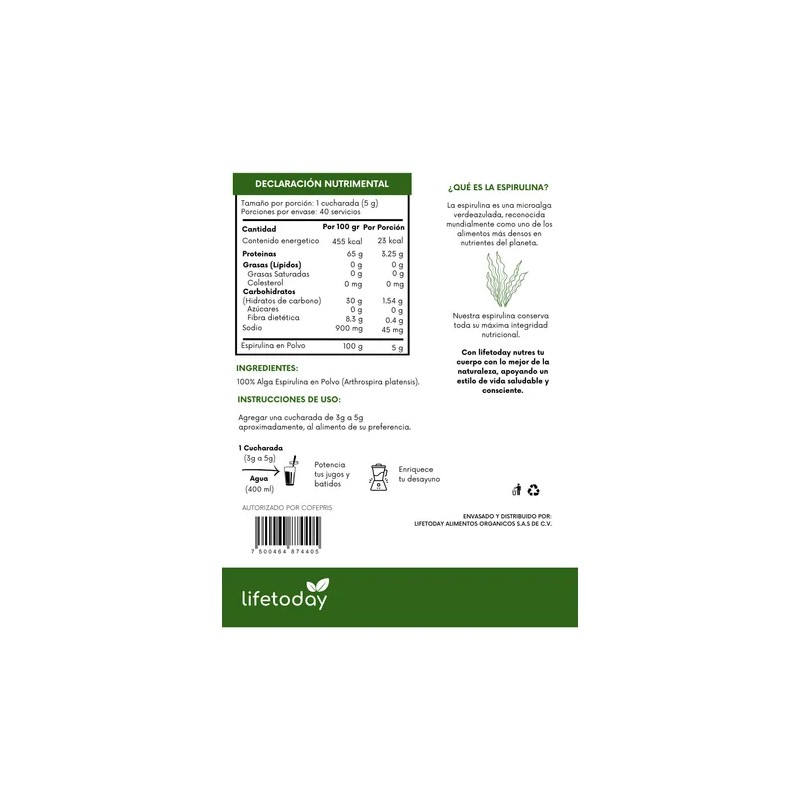 Lifetoday Espirulina En Polvo Organica- 2 Piezas 200g