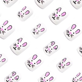 Easter Rabbit Press on Nails Full Cover False Nails Designs Short Square Shaped Fake Nails Cute White Bunny Easter Acrylic Nails Spring Stick on Nails for Women Nails Manicure Decoration 24 Pcs