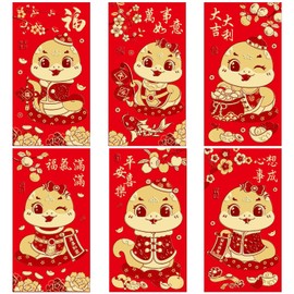 TUKYWAN 36pcs Red Chinese Envelopes for Money,Chinese New Year Hong Bao Cash Envelopes Lucky Money Red Packets Year of The Snake 2025 with 6 Different Designs,Cartoon Snake B