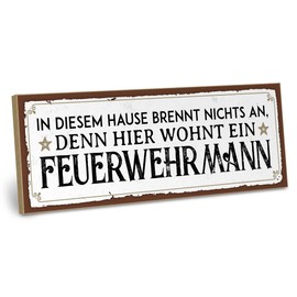 ARTFAVES® Wooden Sign with Saying "Hier wohnt ein Feuerwehrmann" Shabby Chic Vintage Sign Decorative Gift on the Theme of Trends Funny Sayings Size: 28 x 10 cm