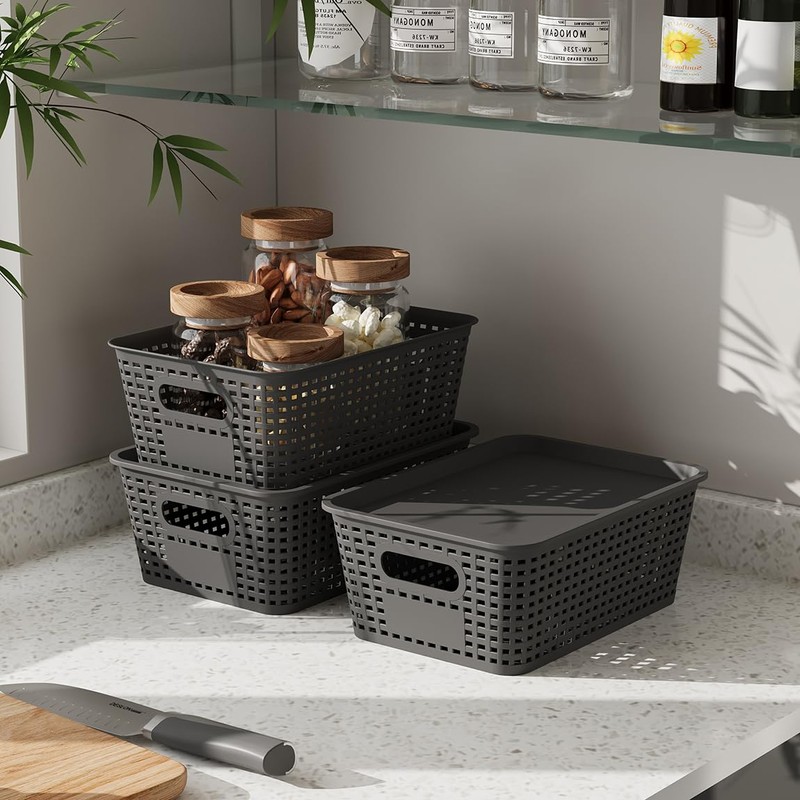 6 Pack Plastic Breathable Storage Baskets with Lids, Gray
