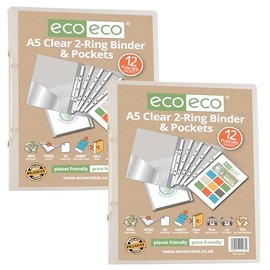 eco-eco A5 65% Recycled Clear Presentation Ring Binder with 12 Multi Punched Pockets, Pack of 2, eco173x2