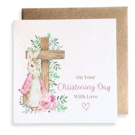 Second Ave Cute Pink Bunny Rabbit Christening Day Square Card Religious Greeting Card for Girl