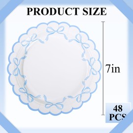 Elyxio 48Pcs Blue Bow Paper Plates Coquette Disposable Party Plates Scalloped Bowknot 7" Dessert Plate for Birthday Bridal Baby Shower Tableware Supply Table Decor