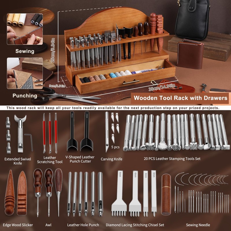 BUTUZE Leather Tools, Leather Crafting Kit with Leather Tool Rack,
