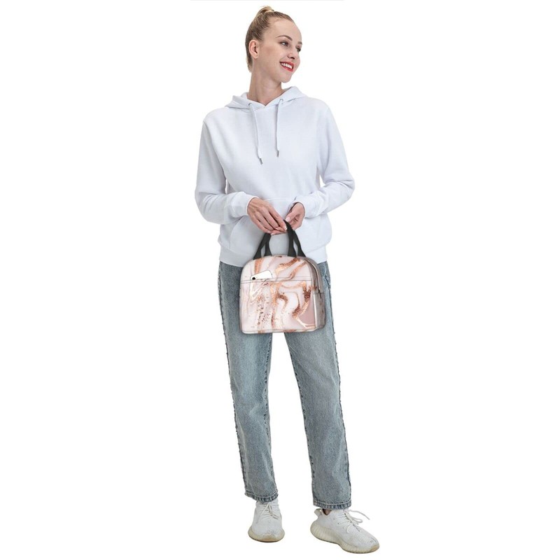 Lunch Bag Insulated Box Marble Painting with Rose Gold Glitter