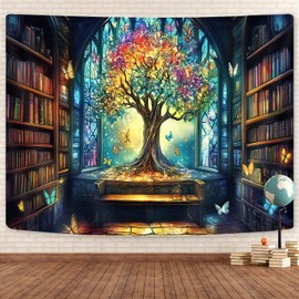 Mysterious Library Tapestry, Fantasy Enchanted Tree Magic Bookshelf Aesthetic Tapestry for Classroom, Witchy Fairy Tree Vintage Bookshelf Book Art Tapestry Wall Hanging College Room Bedroom, 80X60