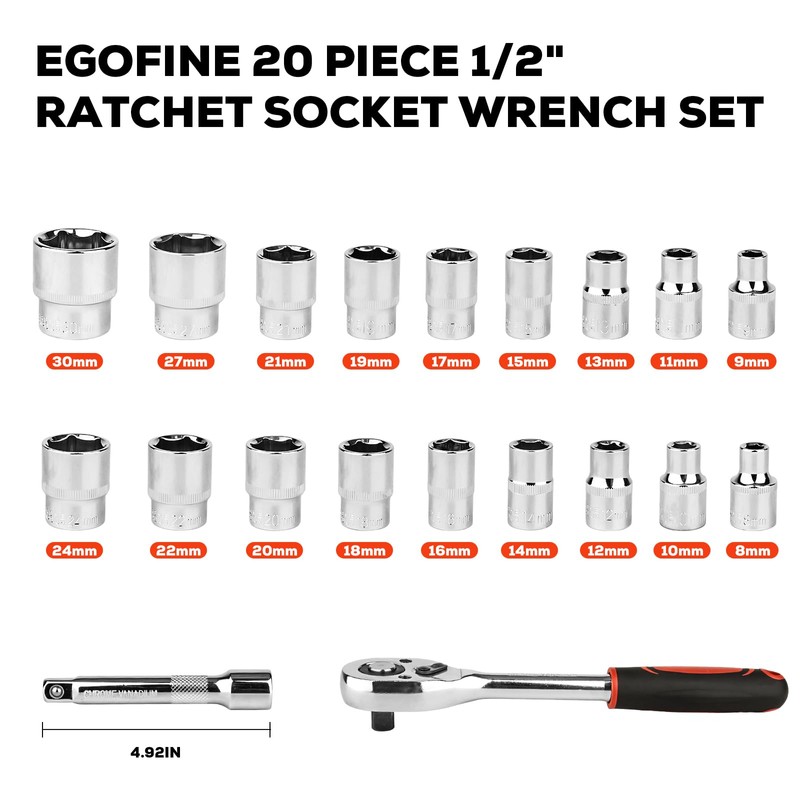 Egofine 20pcs 1/2 Inch Ratchet Socket Wrench Set, Drive Socket