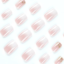 Medium Press on Nails Square Fake Nails Gradient Pink White Press on False Nail Tips Full Cover Gold Glitter Glue on Nails Medium Length Acrylic Nails Square Artificial Nails for Women, 24Pcs