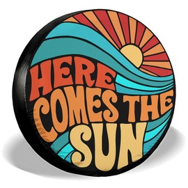 GENANY Hippie Here Comes The Sun Size 18 Premium PVC Leather Spare Tire Cover, Universal Fit for RV Jeep Camper Trailer, Dustproof, Waterproof Jeep Tire Cover with No Camera Hole