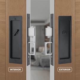 LWZH Privacy Pocket Door Lock Hardware, Hidden Handles, Privacy Pocket Door Lock with Push Automatic Bounce Switch (Black)